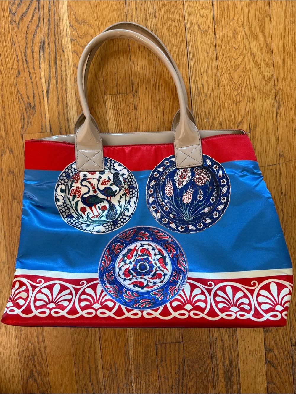Blue and Red Decorative Tote Bag with Beige Handles